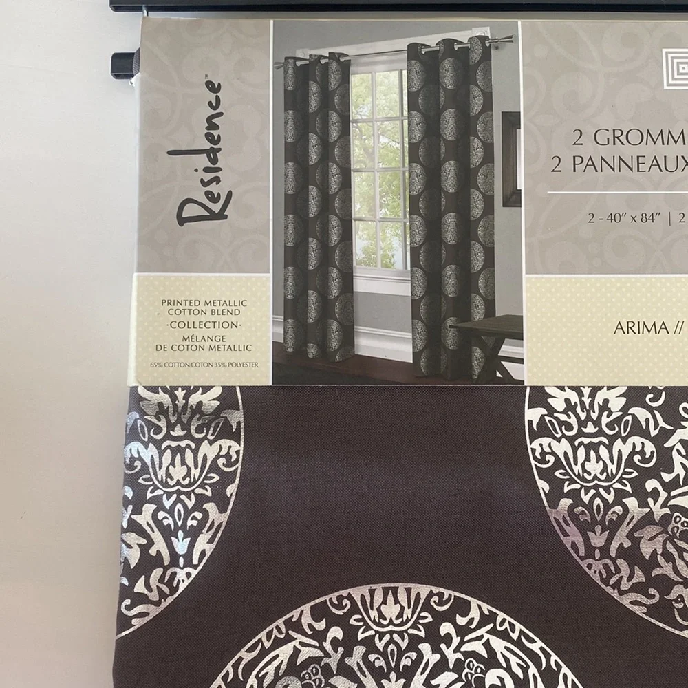 Residence - Printed Metallic Charcoal Gray Cotton Grommet Panel Curtains